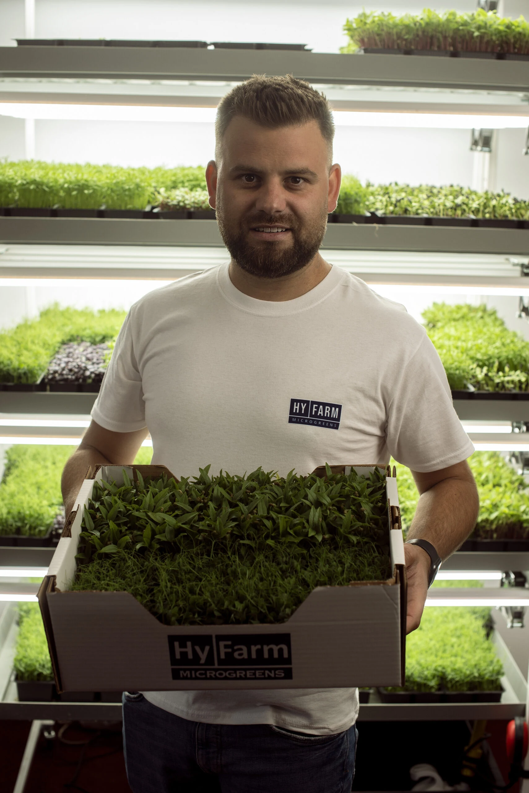 Alex Vasiu ținând o cutie cu microplante în fața sistemului de cultivare Hy-Farm.